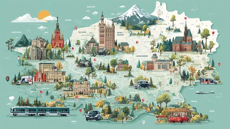 Carte illustrée de la Pologne avec des monuments emblématiques, des moyens de transport (voiture, tram, avion), des montagnes, des villes comme Varsovie et Cracovie, et des repères touristiques dessinés dans un style artistique.