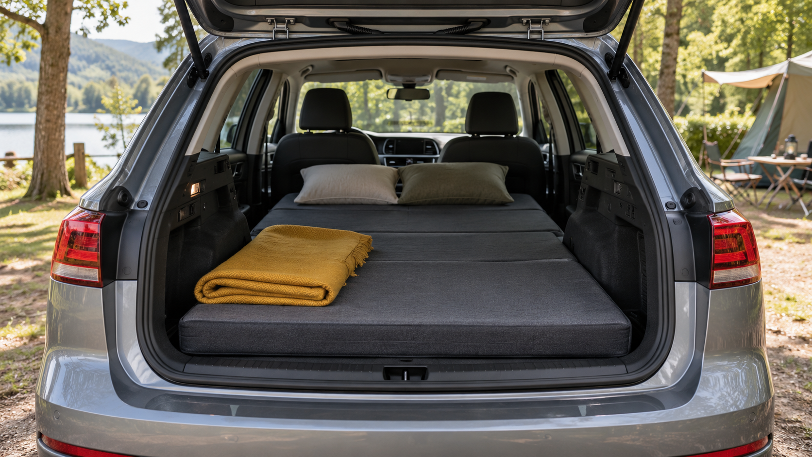 Matelas installé à plat dans le coffre d’une voiture au camping — illustration générée par IA