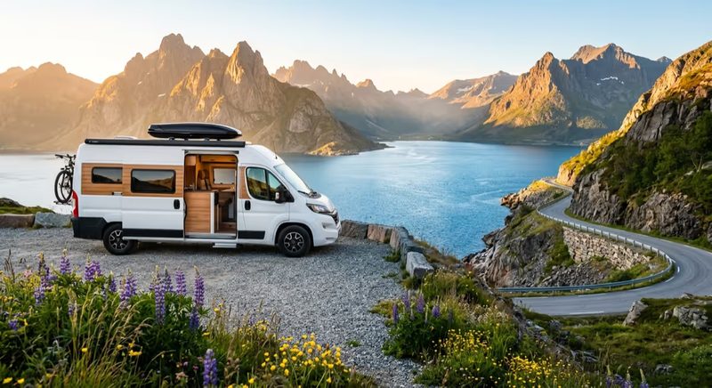 Van moderne garé face à un panorama de montagnes et de fjords au lever du soleil pour un road trip en Europe en été.