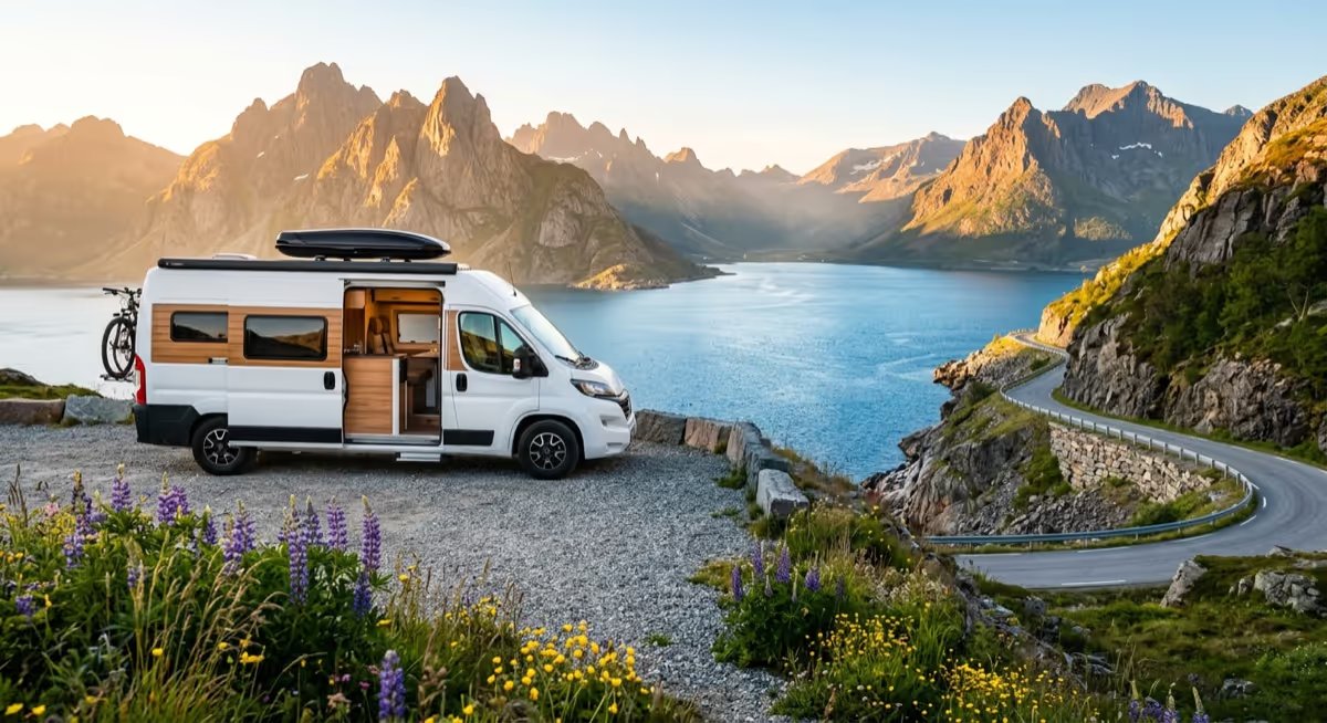 Van moderne garé face à un panorama de montagnes et de fjords au lever du soleil pour un road trip en Europe en été.