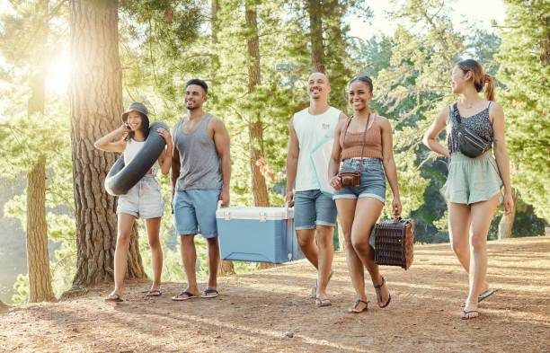 Groupe d’amis marchant en forêt avec une glacière électrique et un panier de pique-nique