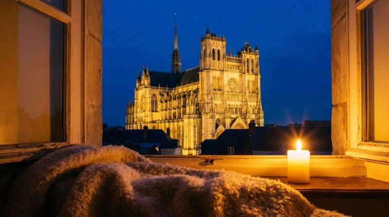 La cathédrale Notre-Dame d'Amiens illuminée au crépuscule en hiver, ambiance chaleureuse et romantique pour un week-end de Saint-Valentin.