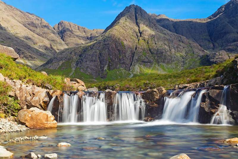 Paysage des Fairy Pools sur l’île de Skye en Écosse, cascades claires au pied des montagnes Cuillin.