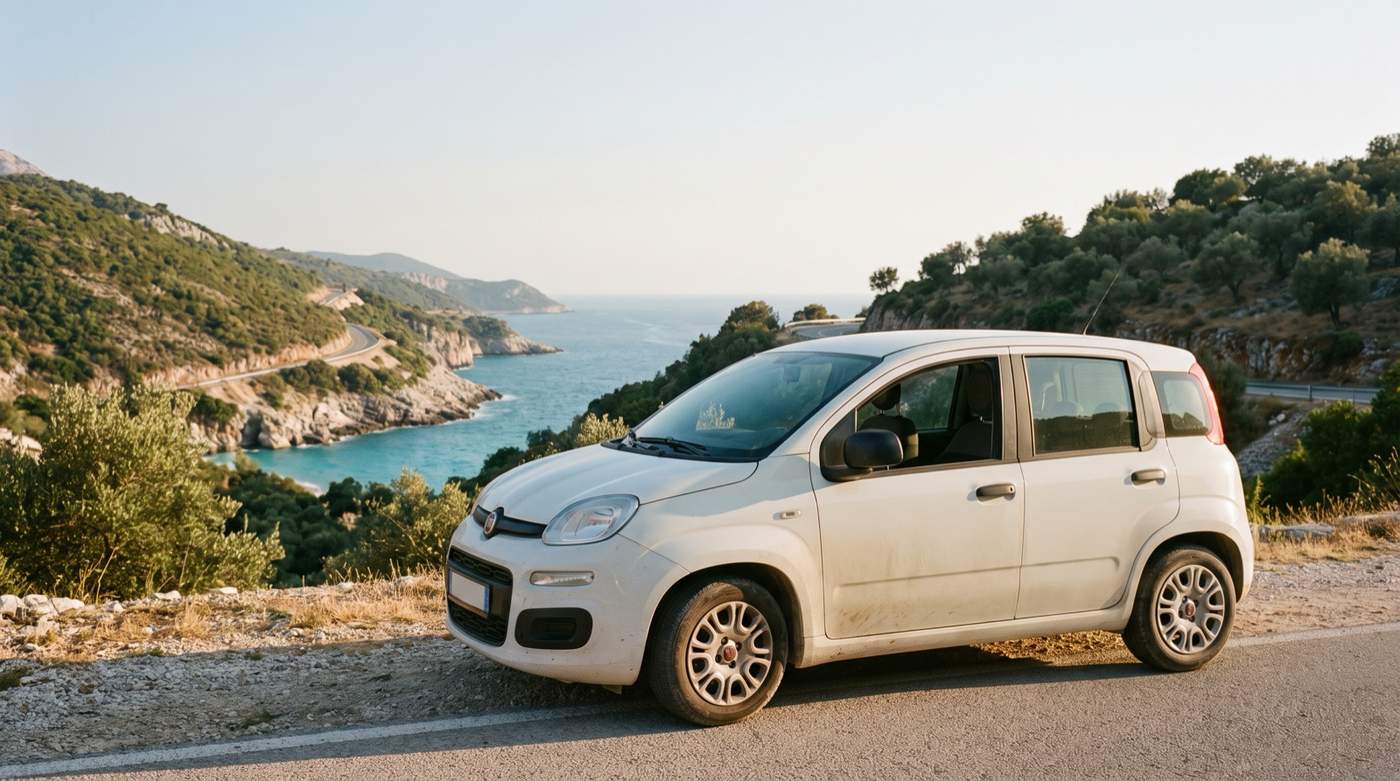 Petite voiture de location blanche garée en bord de route sur la Riviera albanaise, avec la route côtière SH8 et une crique turquoise en contrebas