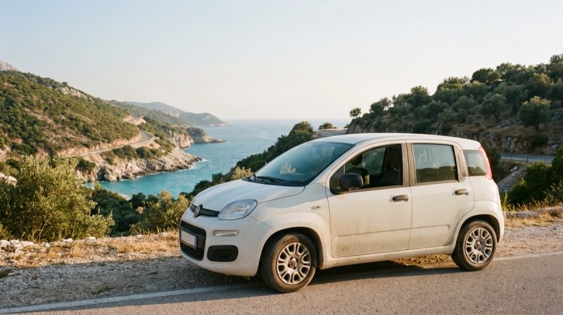 Petite voiture de location blanche garée en bord de route sur la Riviera albanaise, avec la route côtière SH8 et une crique turquoise en contrebas