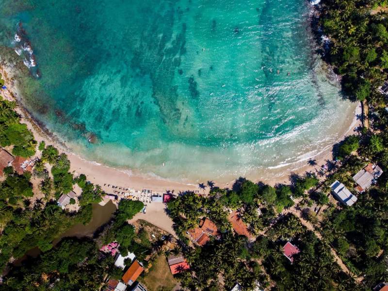 Vue aérienne de la plage de Hiriketiya au Sri Lanka, avec son eau turquoise et ses palmiers luxuriants.
