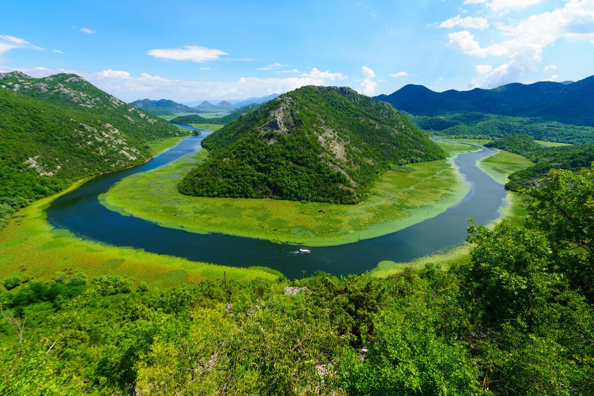 Vue en hauteur sur les méandres de la rivière Crnojevića encerclant une colline boisée dans le parc national du lac de SKadar, Monténégro