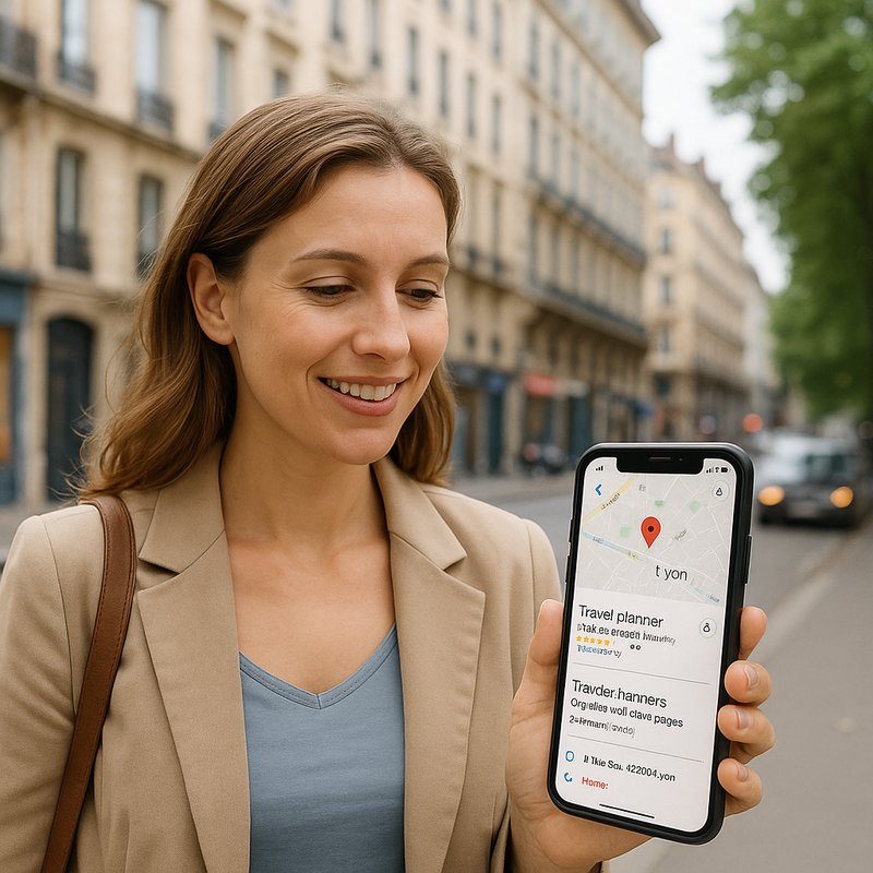 Exemple de visibilité locale : une femme consulte Google Maps et Google Business pour trouver un travel planner à Lyon.