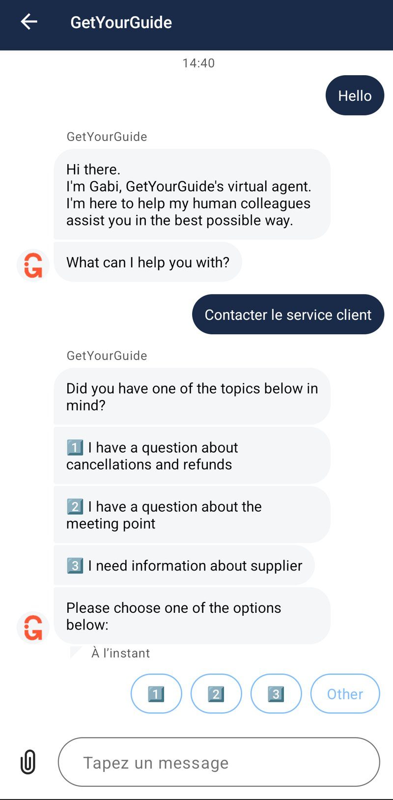 Chatbot GetYourGuide avec options de contact du service client.