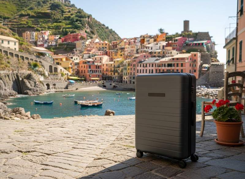 Valise Horizn posée sur les pavés face au port coloré d’un village des Cinque Terre en Italie.
