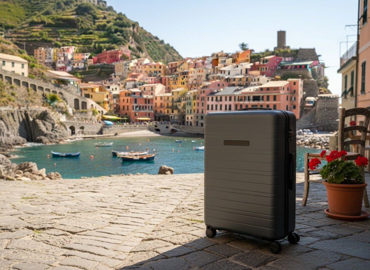 Valise Horizn posée sur les pavés face au port coloré d’un village des Cinque Terre en Italie.
