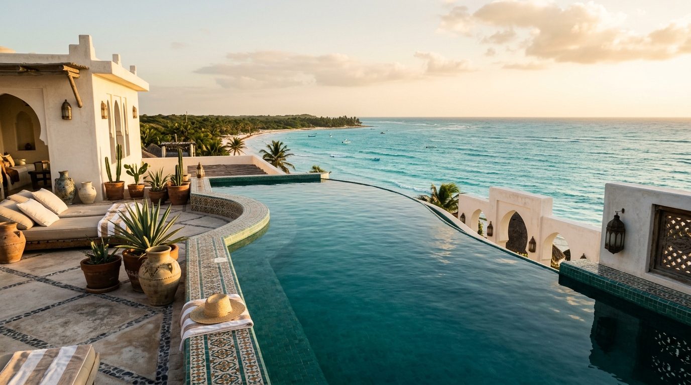 Piscine à débordement sur le toit d'un boutique-hôtel de Tulum, avec vue sur la mer turquoise des Caraïbes