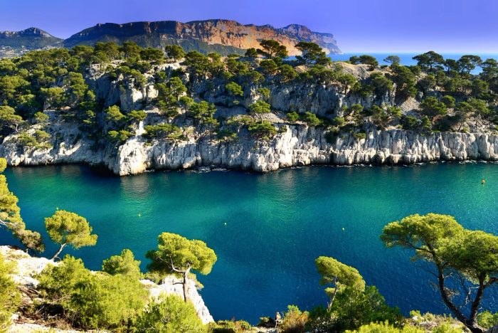 Vue spectaculaire d'une calanque méditerranéenne aux eaux turquoise entourée de falaises rocheuses et de pins, dans le sud de la France.