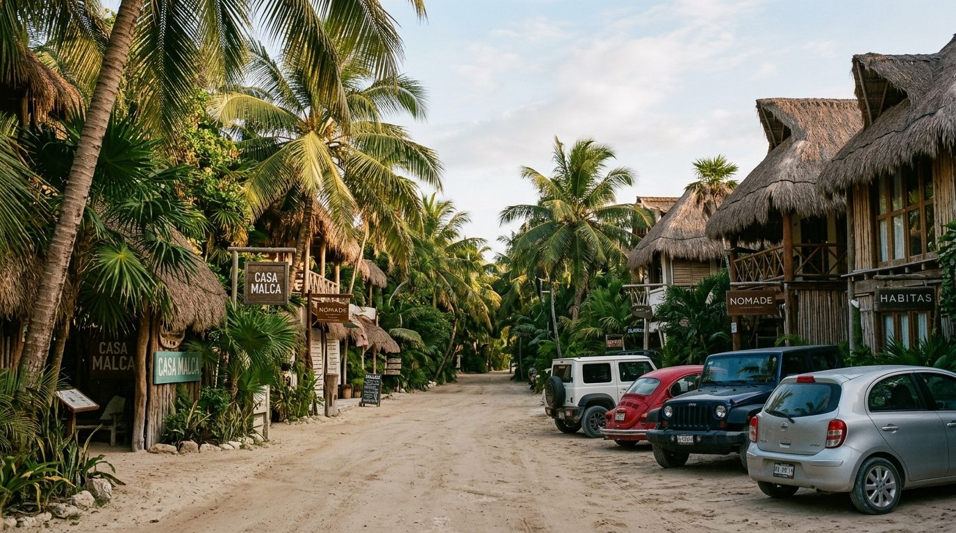 Route sablonneuse et étroite de la zone hôtelière de Tulum, bordée d'hôtels boutique et de véhicules stationnés en épi