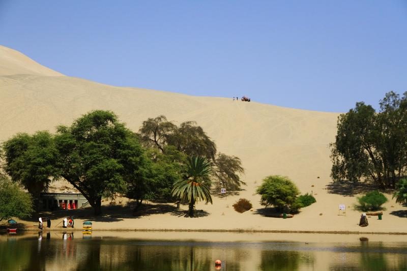 Vue sur les dunes de Huacachina avec un buggy et des voyageurs au sommet.