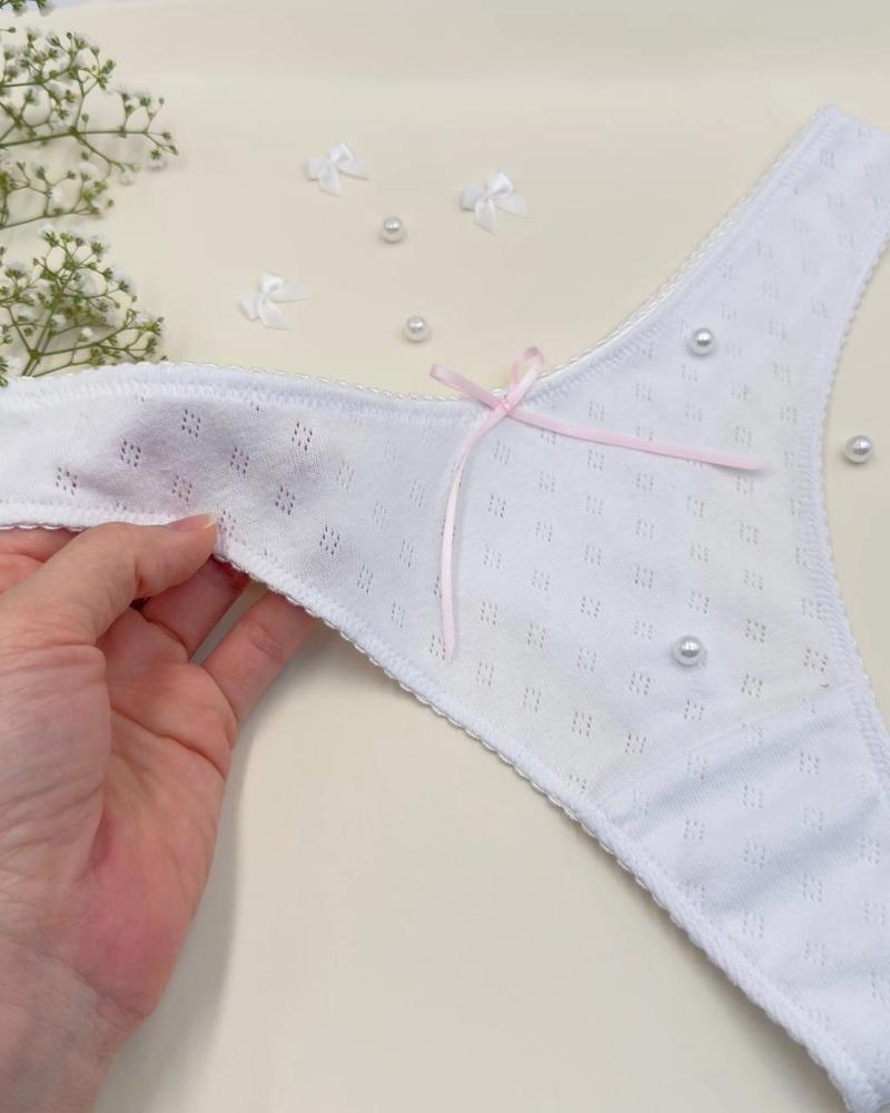 White Pointelle Cotton Thong with Pink Satin Bows thumbnail 3