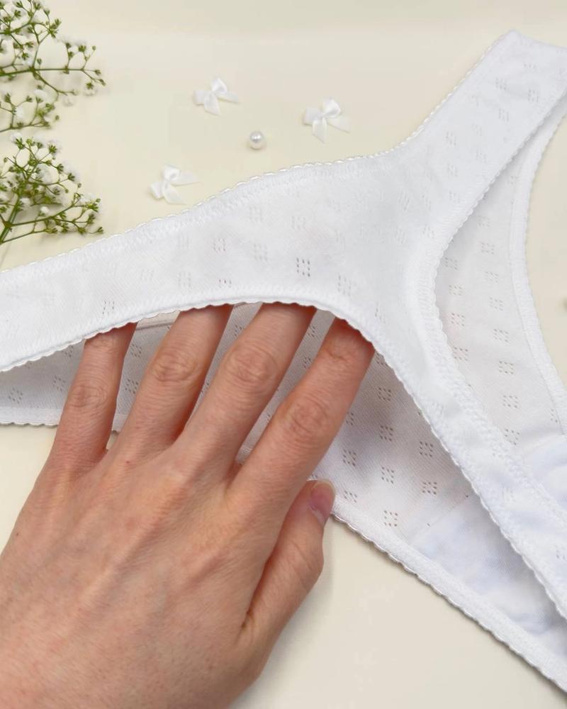 White Pointelle Cotton Thong with Pink Satin Bows thumbnail 5