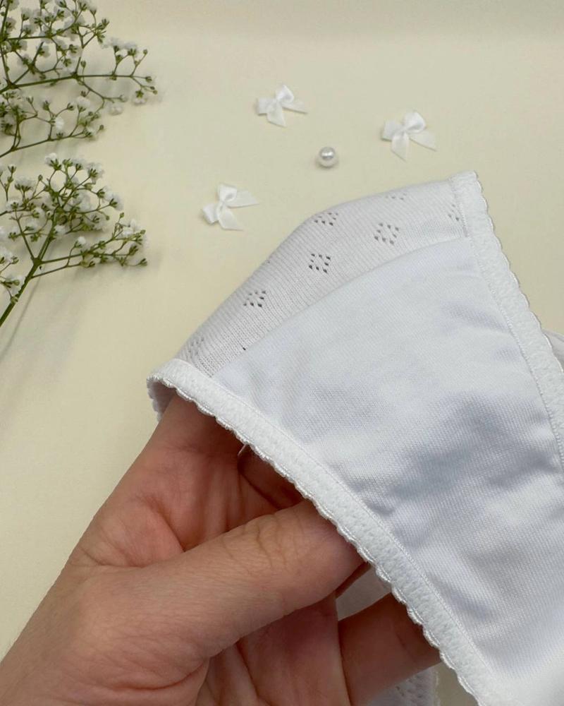 White Pointelle Cotton Thong with Pink Satin Bows thumbnail 4