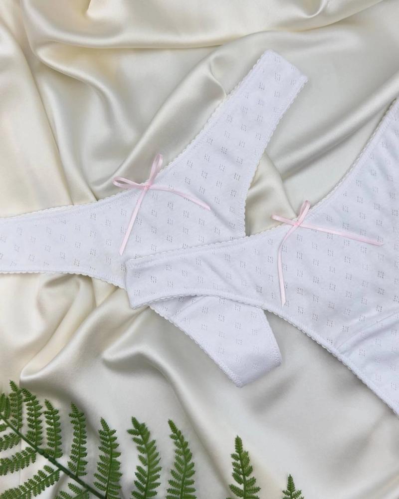 White Pointelle Cotton Thong with Pink Satin Bows