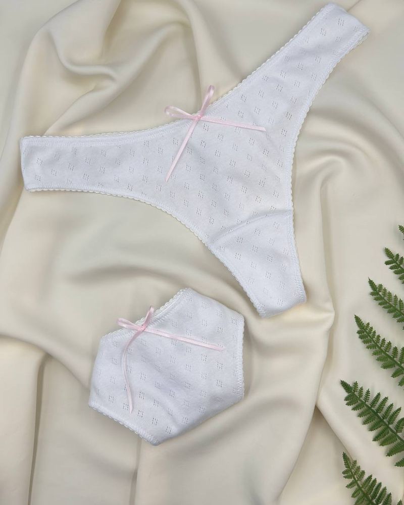 White Pointelle Cotton Thong with Pink Satin Bows thumbnail 2