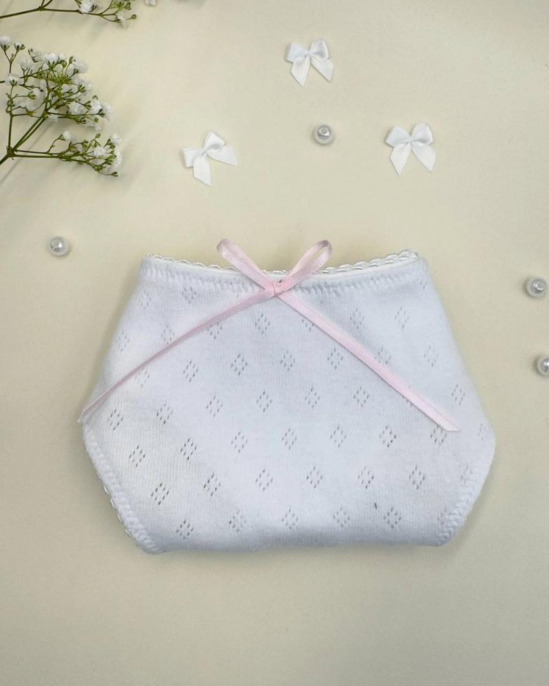 White Pointelle Cotton Thong with Pink Satin Bows thumbnail 6