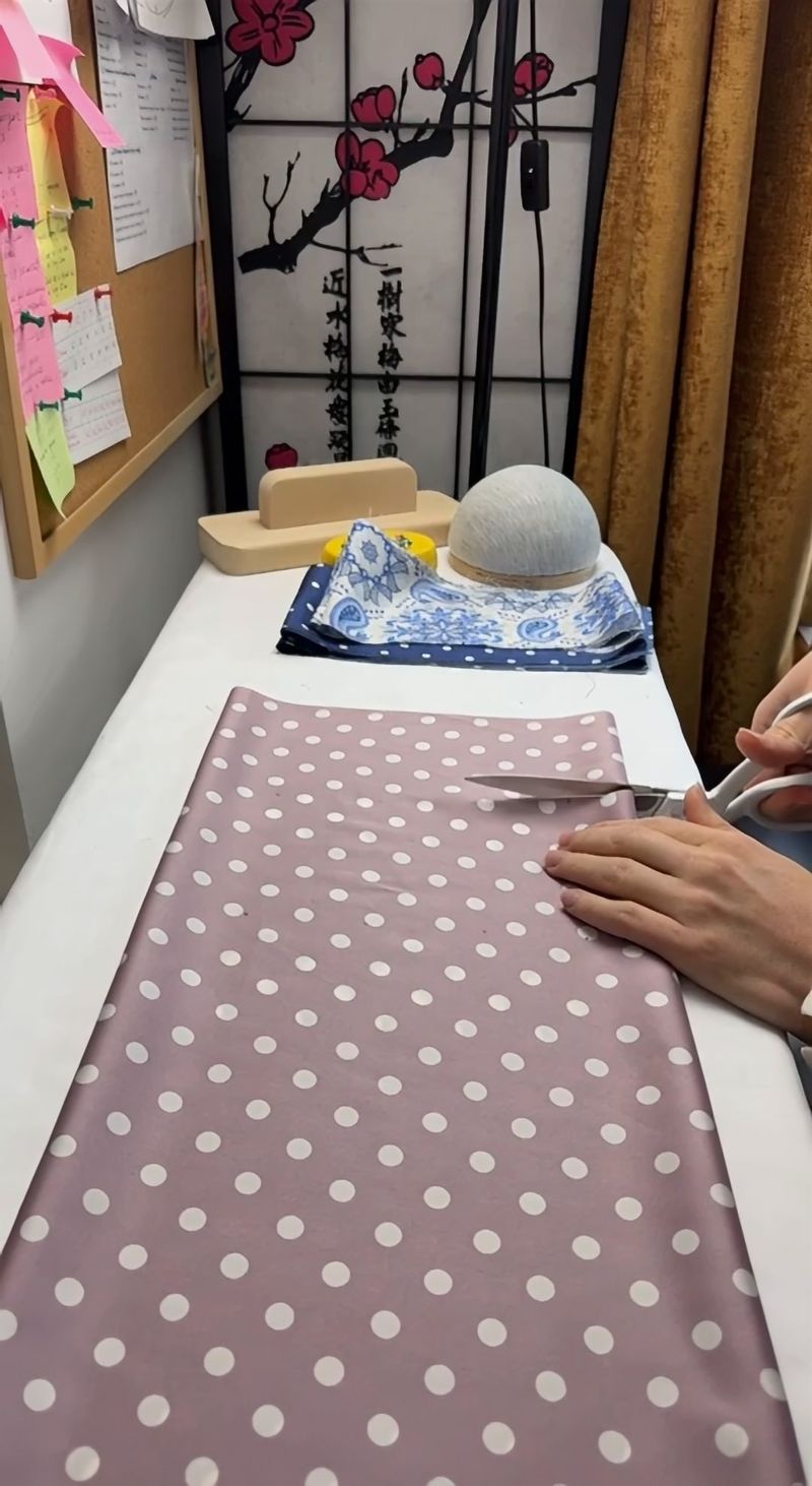Cutting lilac polka-dot fabric with dressmaking shears in the workroom