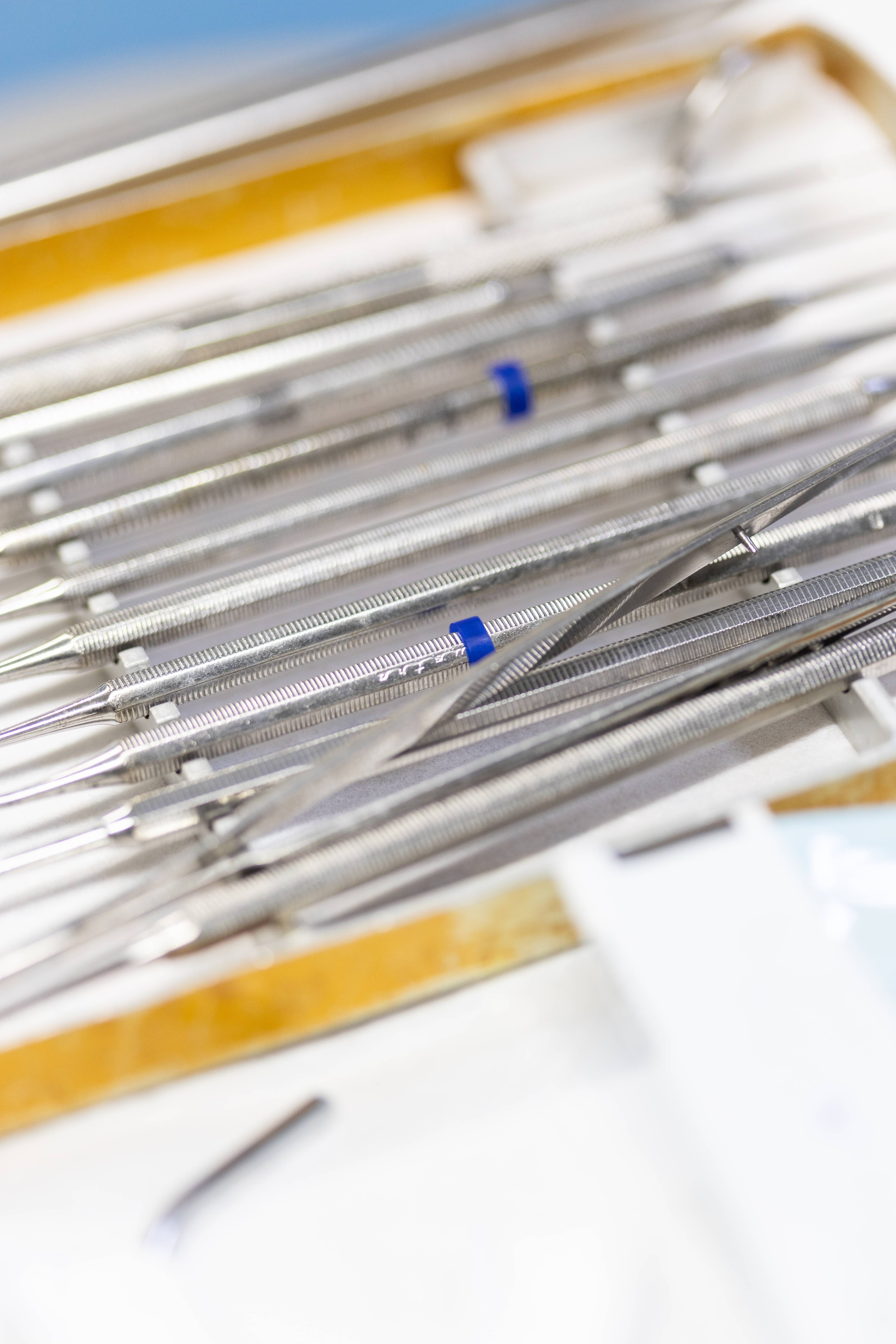 Case of clean metal dental tools used for tooth fillings
