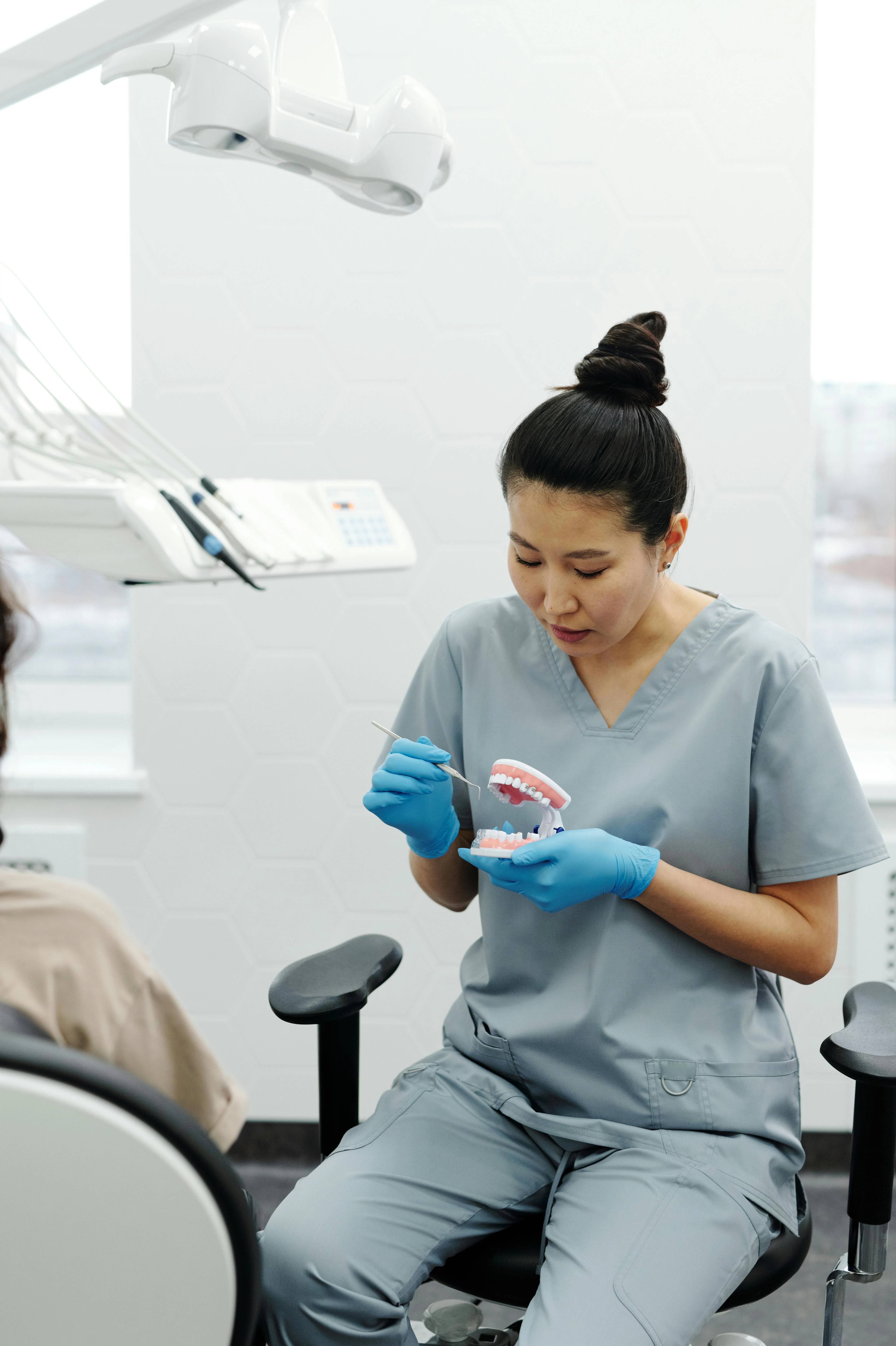 dentist sitting in a chair in surgery showing a patient using a model the effects of clenching and grinding