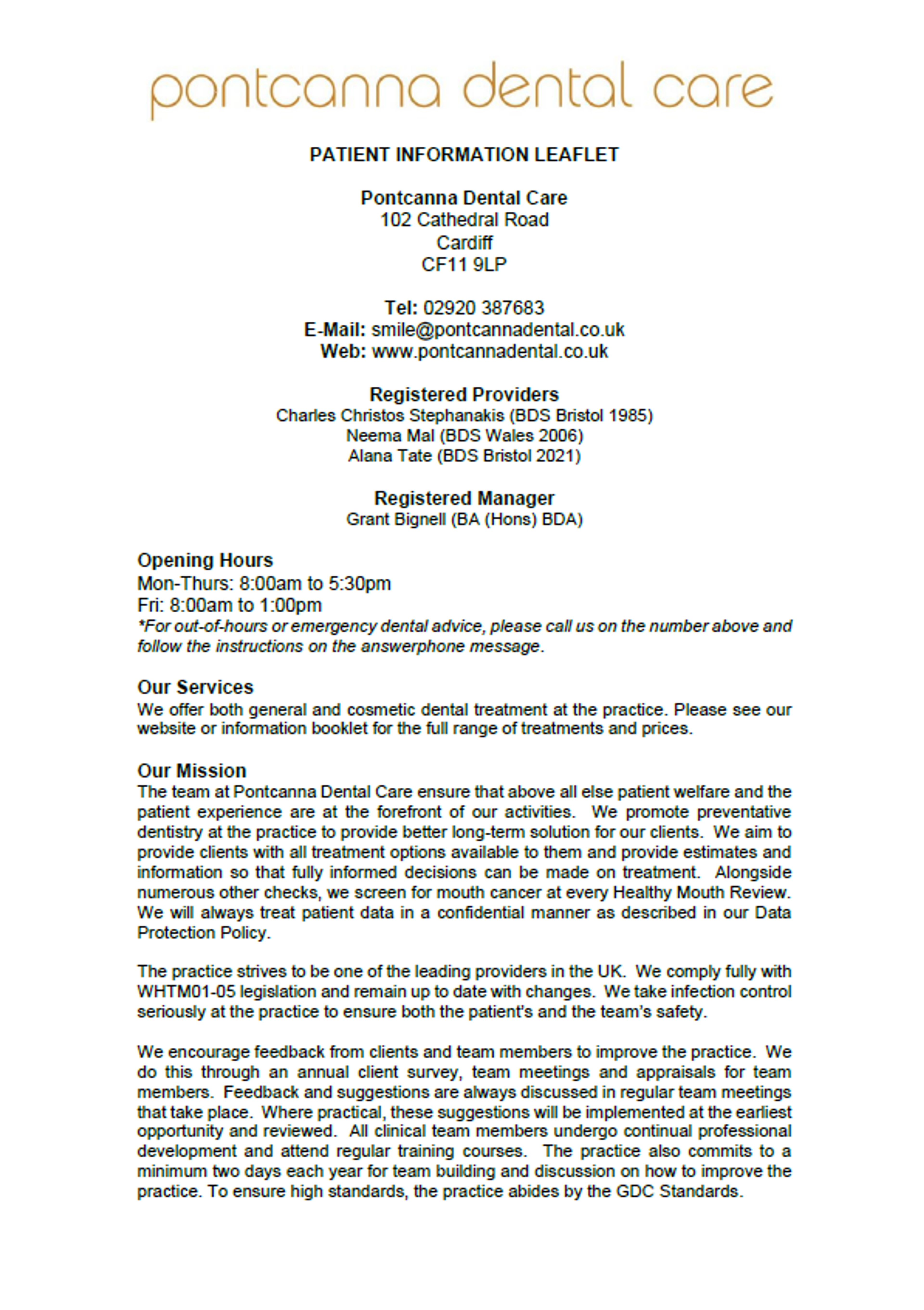 Patient Information Leaflet Pontcanna Dental Care