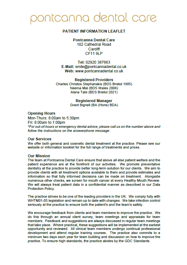 Patient Information Leaflet Pontcanna Dental Care