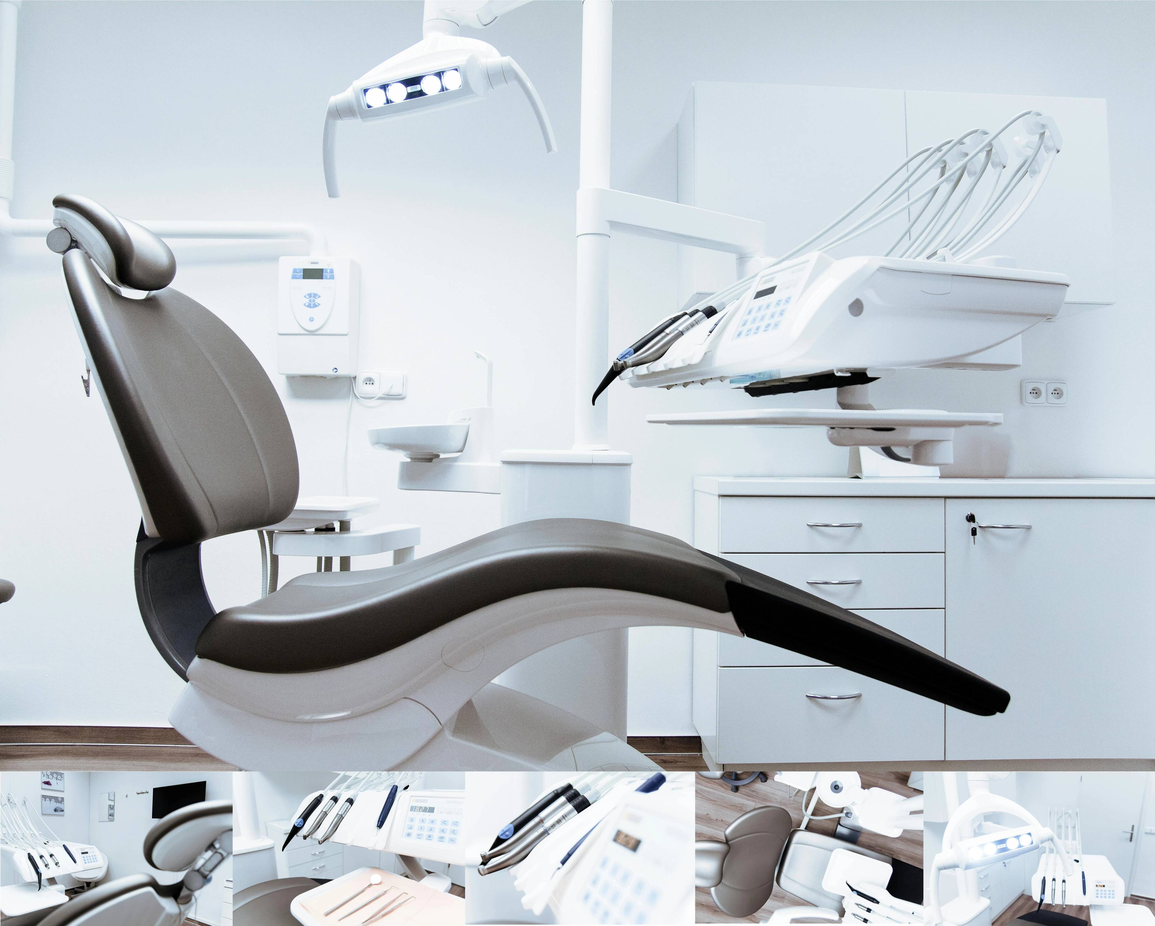 dental chair and other dental equipment in a bright, clean surgery at dental practice