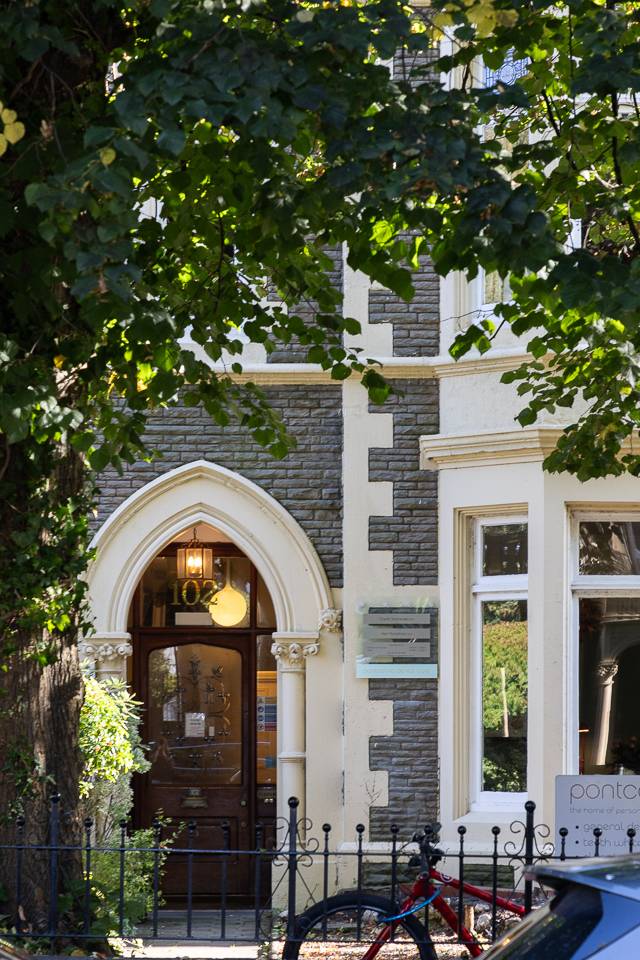 Main entrance to Pontcanna dental clinic featuring arch door way and outside light, through a large oak tree in the front garden