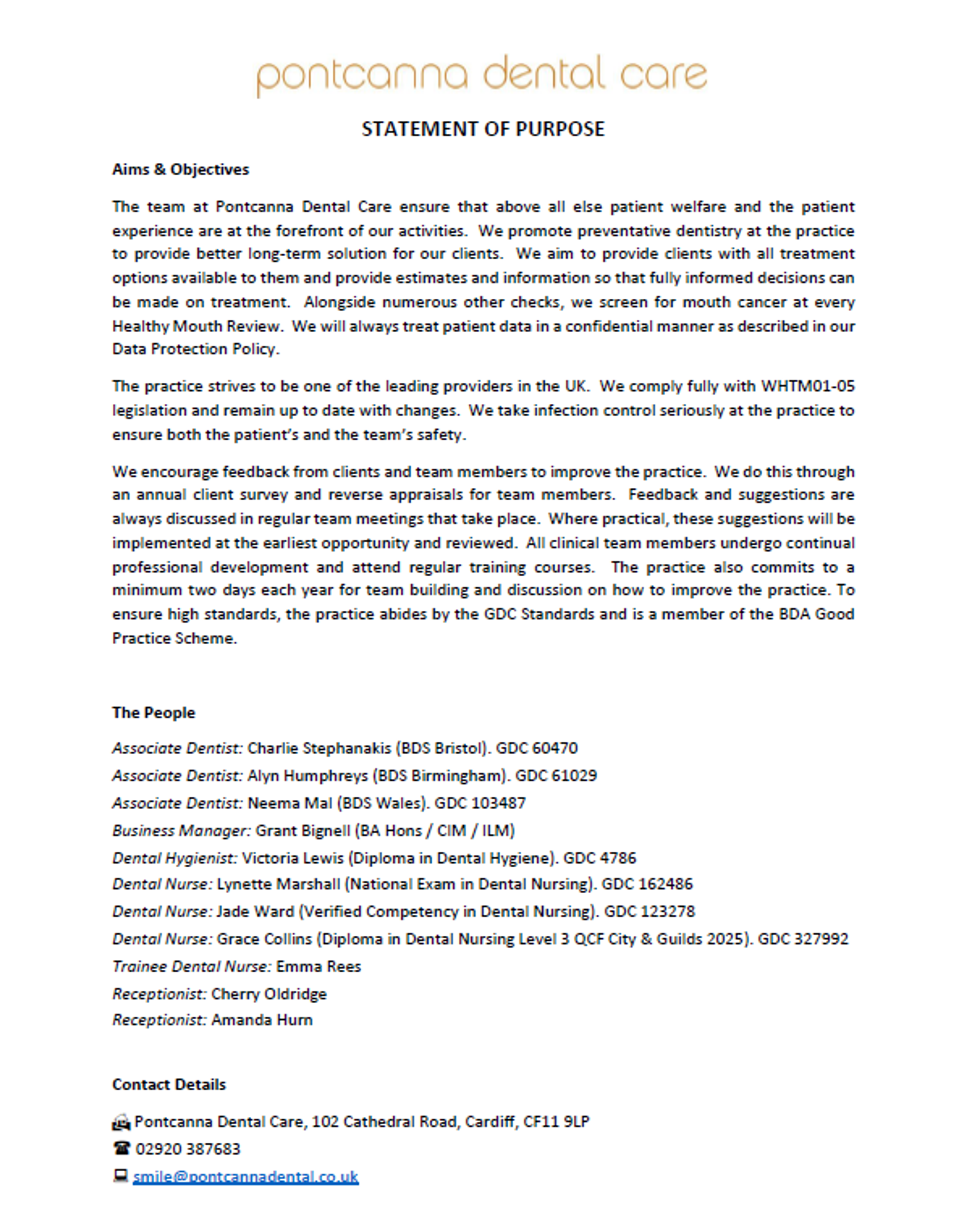 Statement of Purpose Pontcanna Dental Care