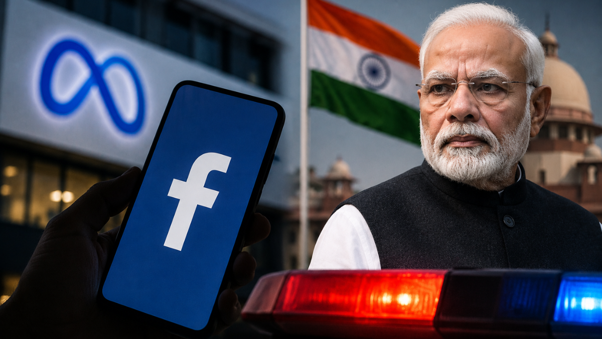 A dramatic political and corporate editorial image. On the right, Indian Prime Minister Narendra Modi stands in front of the Indian flag and official government building backdrop. On the left, a smartphone displays the Facebook logo next to a illuminated Meta corporate logo, while red and blue police emergency lights flash in the foreground, symbolizing legal action and regulatory scrutiny.