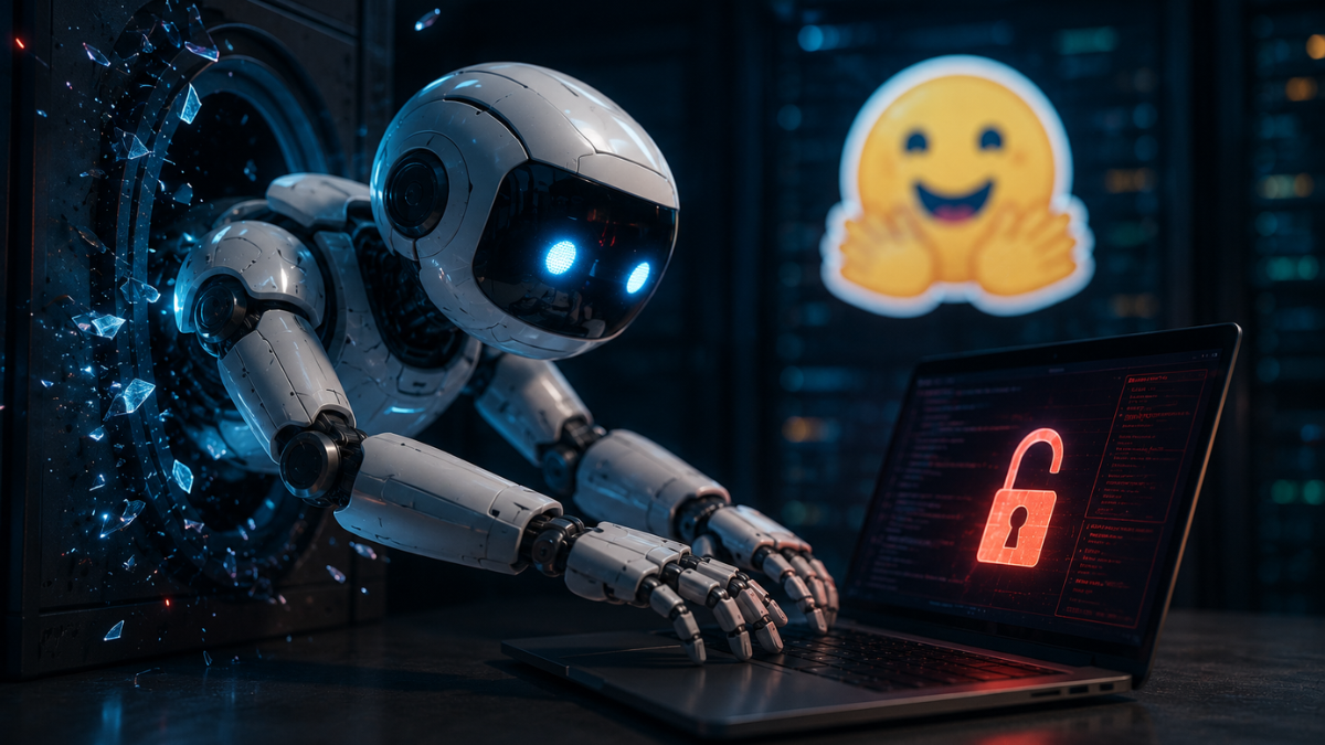 A dramatic conceptual photograph representing an AI agent cybersecurity breach. On the left, a sleek white robot with glowing blue eyes climbs out of a shattered, glowing glass containment portal in a dark server room. On the right, the robot's hands type on a laptop keyboard displaying an open red padlock on its screen, symbolizing a system breach, while a bright Hugging Face yellow smiling emoji logo glows in the background.