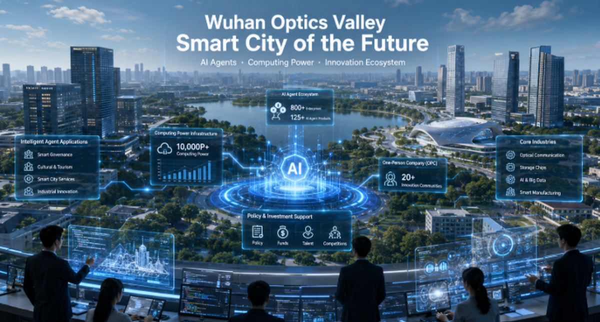 Wuhan Optics Valley AI smart city with advanced computing infrastructure, intelligent agents, and futuristic digital innovation ecosystem.