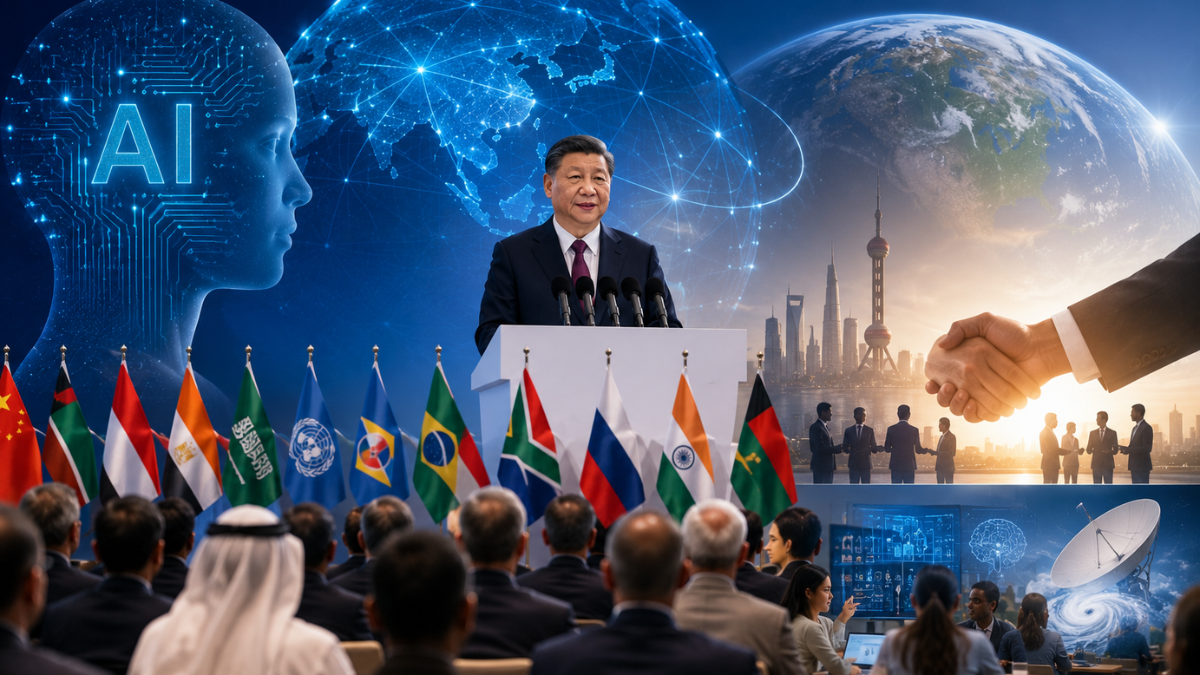 A professional multi-panel conceptual illustration of a global technology summit. In the center, Chinese President Xi Jinping stands behind a white podium delivering a keynote speech, with a row of diverse international flags lined up in front of him. The background showcases a large glowing digital globe showing network connections across the continents, a transparent digital profile of a human head filled with AI neural networks on the left, a modern illuminated city skyline of Shanghai on the right, and a close-up of two business professionals shaking hands.