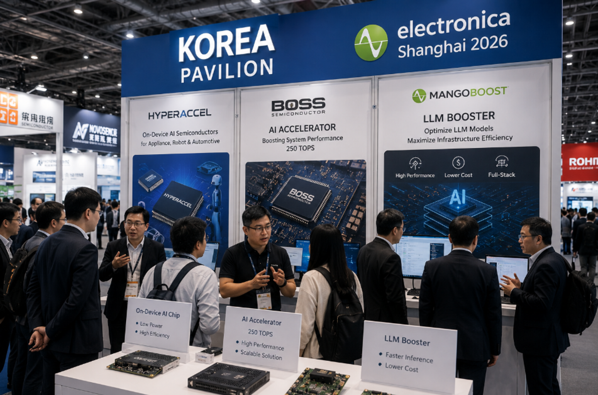 Exhibition booth at Electronica Shanghai 2026 featuring Korean AI semiconductor companies showcasing inference chips, AI accelerators, and computing infrastructure technologies in China.
