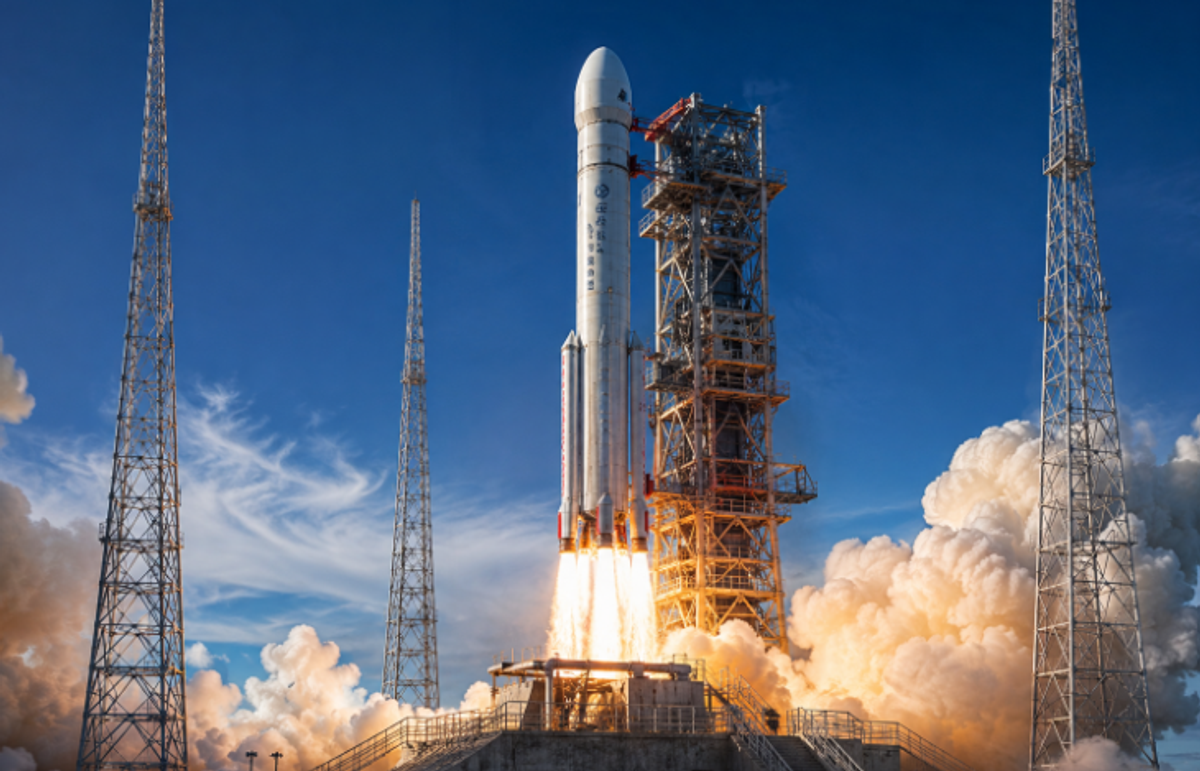 Launch of China's Kinetica-2 reusable rocket during engine qualification testing, demonstrating advances in commercial spaceflight and reusable launch systems.