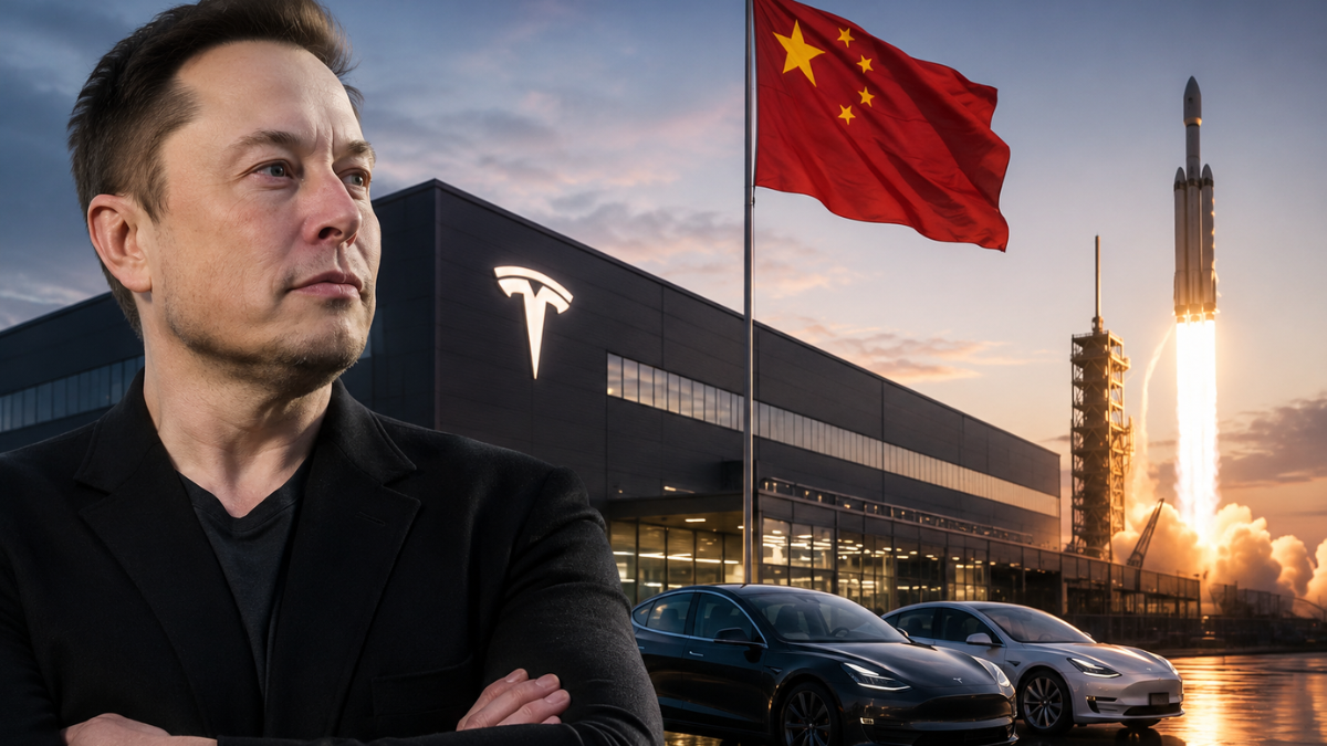 A realistic financial and automotive editorial image. On the left, a sleek Tesla electric vehicle stands in front of the illuminated Gigafactory Shanghai. On the right, a SpaceX rocket sits on a launchpad pointing toward the sky, separated by a red 'FAKE NEWS' stamp graphic against a dusk background.