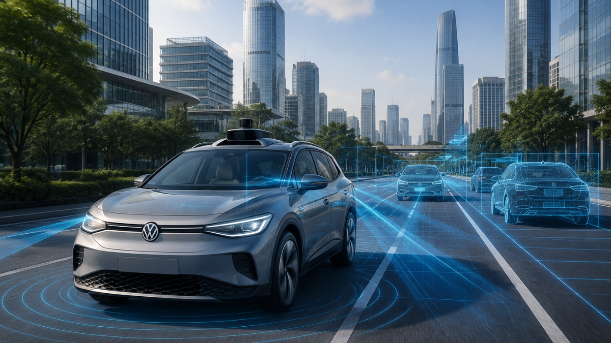 A realistic promotional photograph showcasing autonomous driving technology in a modern city. In the foreground, a sleek metallic silver Volkswagen electric SUV with a subtle roof LIDAR sensor drives down a multi-lane urban avenue. Glowing blue digital overlays, radar arcs, and bounding boxes project around the vehicle and surrounding traffic to visualize AI perception and automated driving pathing. In the background, modern glass skyscrapers tower under a clear daytime sky.
