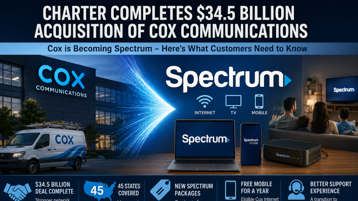 Charter completes $34.5 billion acquisition of Cox Communications, bringing Cox customers under the Spectrum brand.