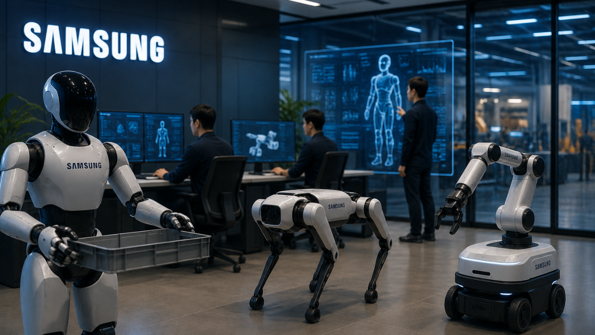 A realistic photograph of a modern, high-tech robotics research laboratory inside a corporate facility. On the dark wall in the background, a white illuminated 'SAMSUNG' logo is displayed above two engineers working at computer workstations with blue digital human blueprints on their screens. In the foreground, three white and black robots are being tested: a humanoid robot holding a grey tray on the left, a four-legged robotic dog standing in the center, and a mobile robotic arm on wheels on the right.