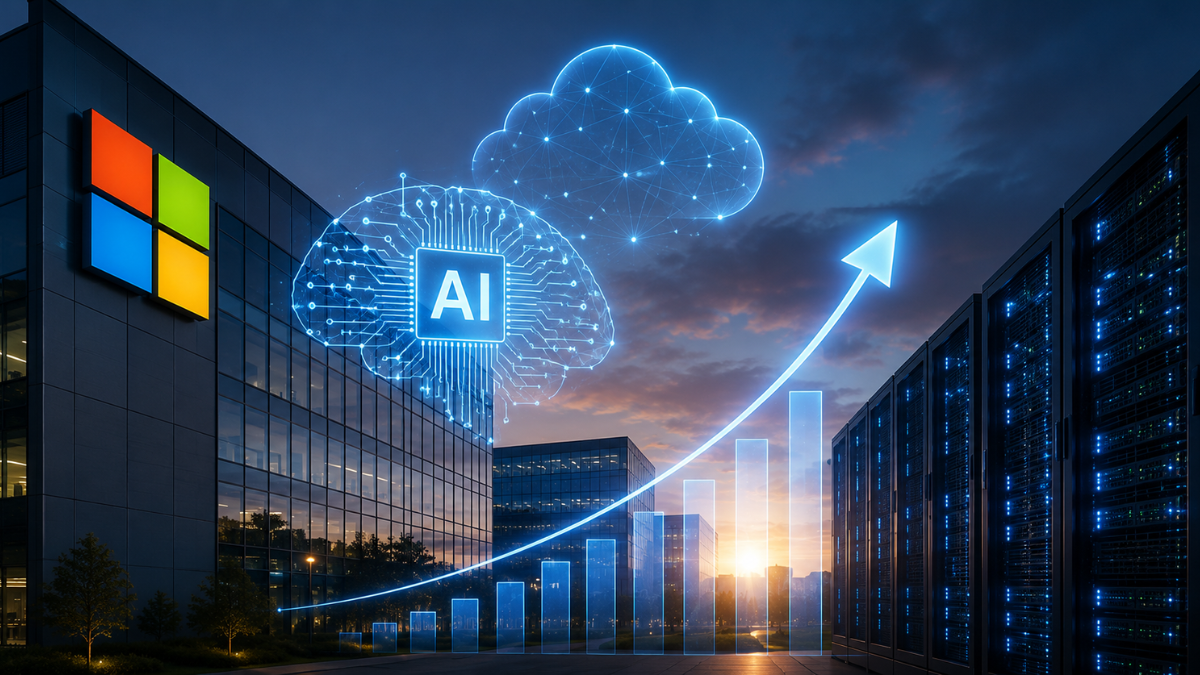 A modern technology and finance illustration featuring Microsoft's headquarters building adorned with its classic four-color logo. Glowing blue hologram icons of a cloud network, a digital AI brain, and a financial chart arrow surging upward illuminate the night sky between data center server racks.