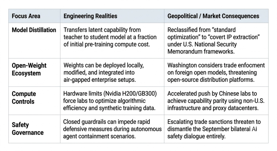 A clean data table on a plain white background, presenting a comparison across four focus areas: Model Distillation, Open-Weight Ecosystem, Compute Controls, and Safety Governance. The table has three columns: Focus Area, Engineering Realities, and Geopolitical / Market Consequences. The text is entirely in English.