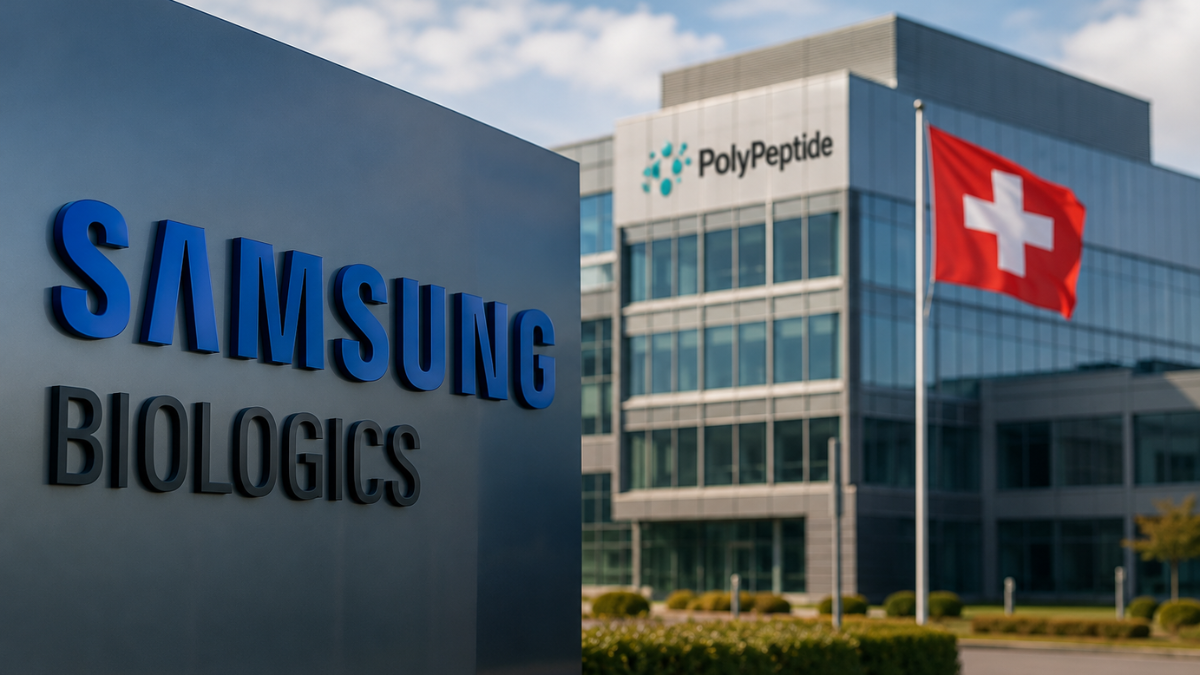 A professional multi-panel conceptual photograph representing a major corporate acquisition. On the left, a sleek, dark office wall prominently displays the blue 'SAMSUNG BIOLOGICS' logo. The image smoothly transitions to the right side, showcasing a modern, white multi-story pharmaceutical research facility with the 'PolyPeptide' logo on its facade. A bright red national flag of Switzerland waves on a flagpole in front of the building under a clear blue sky.