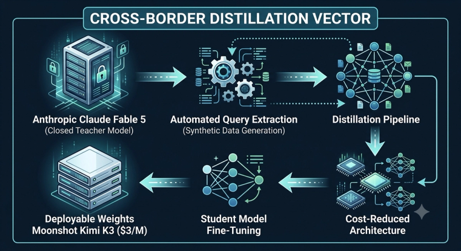 A flow diagram titled "Cross-Border Distillation Vector" illustrating the AI model distillation process. The workflow starts with a closed teacher model (Anthropic Claude Fable 5), moves through automated query extraction for synthetic data generation to a distillation pipeline, transitions into a cost-reduced architecture, undergoes student model fine-tuning, and ends with deployable weights (Moonshot Kimi K3 at $3/M).