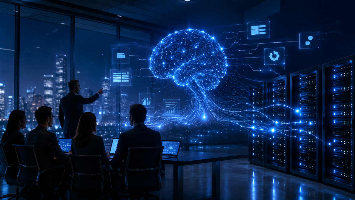 A realistic corporate technology scene depicting executive strategy and AI modernization. In a dark boardroom overlooking a glowing city skyline, corporate executives sit looking at a large wall-mounted server system and a glowing digital brain icon connected by data streams and cloud technology icons.