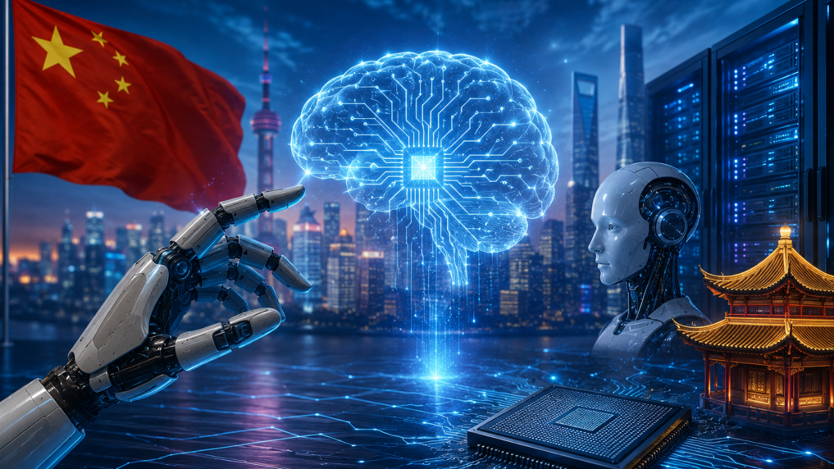 A futuristic technology illustration depicting the rapid global rise of Chinese artificial intelligence. On the left, the national flag of China waves next to a high-tech robotic hand reaching toward a glowing blue 3D digital brain with circuit network lines in the center. In the background, a modern illuminated city skyline with a tall TV tower and glowing server data racks sits alongside a traditional Chinese pagoda on the right, with an advanced AI microchip in the foreground.