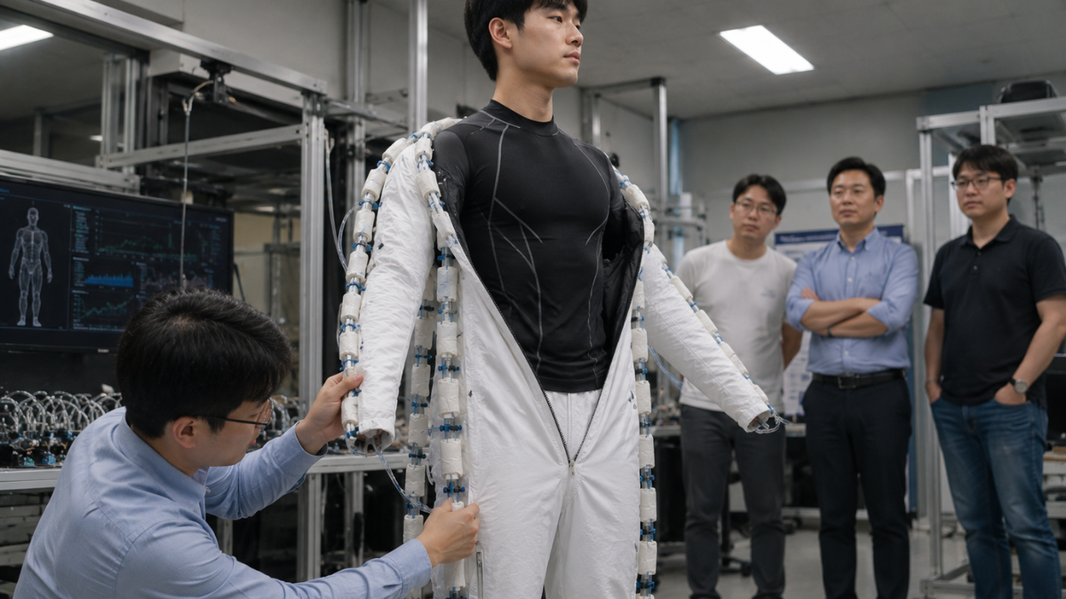 A realistic research laboratory setting showcasing a breakthrough in wearable robotic technology. In the center, a young man wearing a black athletic compression top stands still while a white, high-tech jumpsuit with soft, air-pressurized tubing along the arms and sides is being fitted onto him. On the left, a researcher in a light blue dress shirt kneels to adjust the lower part of the suit. In the background, three other male researchers in casual shirts stand next to laboratory equipment, watching the demonstration.